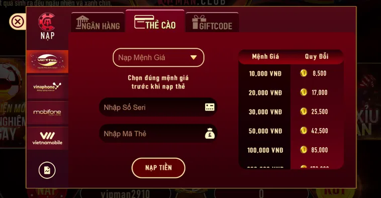 Hướng dẫn nạp tiền qua thẻ cào tại Manclub.