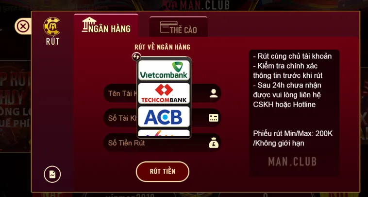 Hướng dẫn rút tiền qua tài khoản ngân hàng tại Manclub.