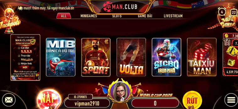 Sảnh game Manclub đa dạng thể loại hình thức.